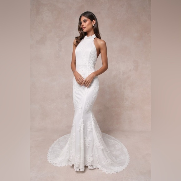 LULU’S Dreamy Glamour White Embroidered Halter Mermaid Maxi Dress - Picture 6 of 11
